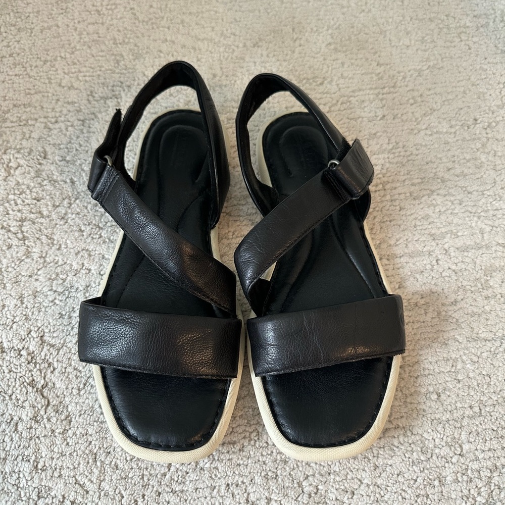 Born Ruhway Black Leather Cross Ankle Strap Square Toe Flat Minimalist Sandals .